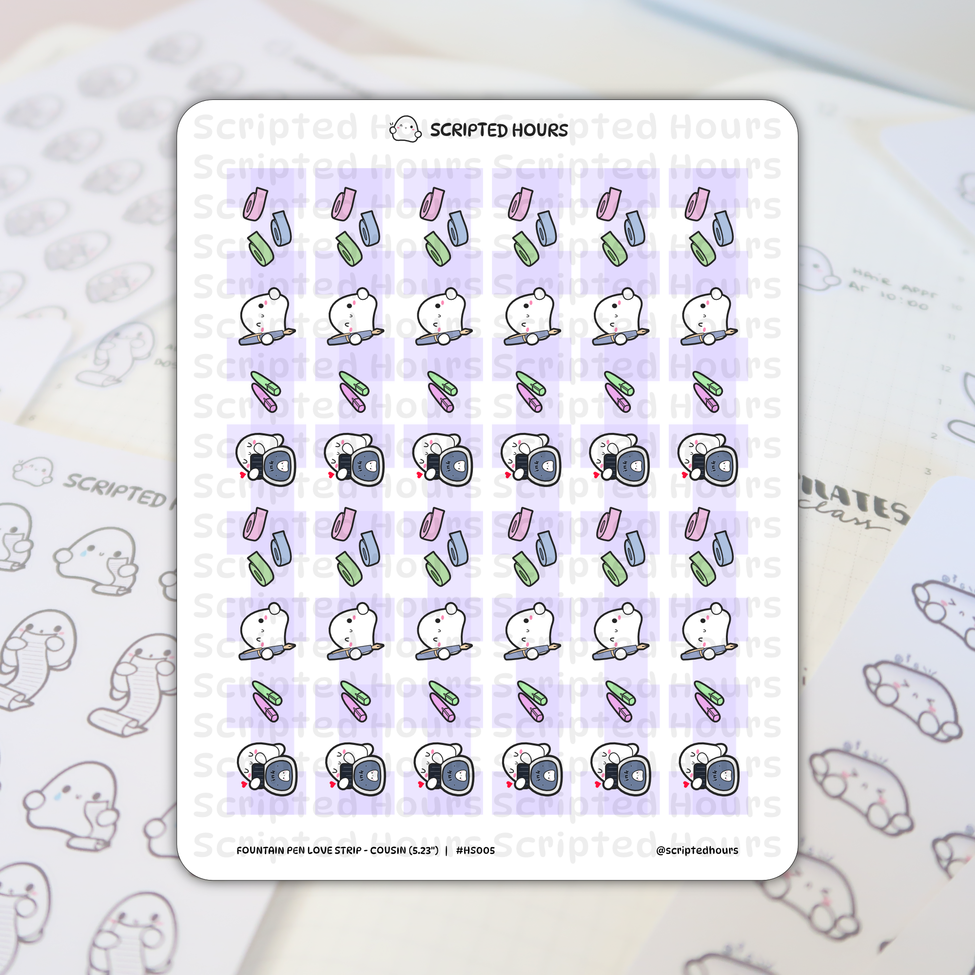 Sticker sheet by Scripted Hours showing cute white blob characters interacting with blue fountain pens, ink bottles, pink and green cartridges, and pastel washi tape on a light purple striped background