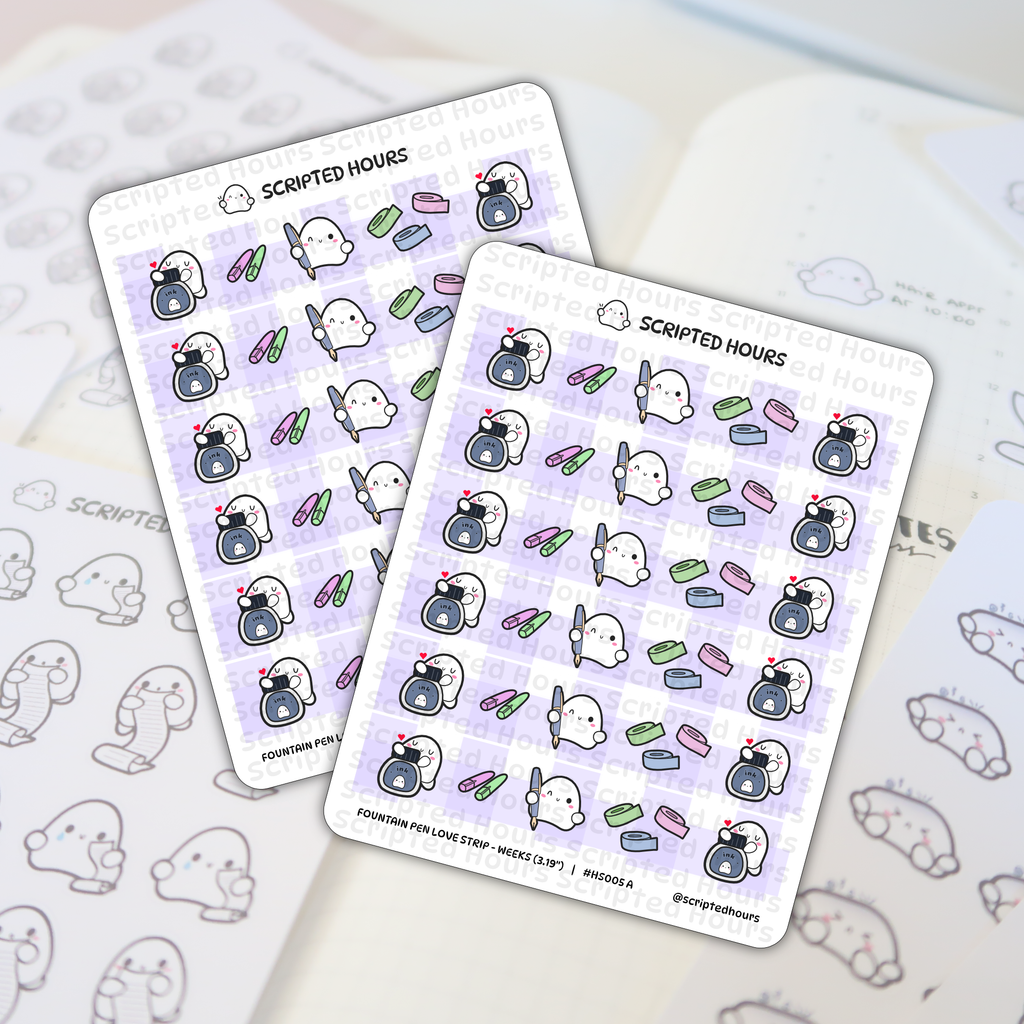 Scripted Hours sticker sheets displaying 'Fountain Pen Love Strip' designs with cute white ghost characters using blue fountain pens, dipping into heart-adorned ink bottles, and surrounded by pastel pink, green, and blue washi tape rolls on a light purple grid, presented on a planner