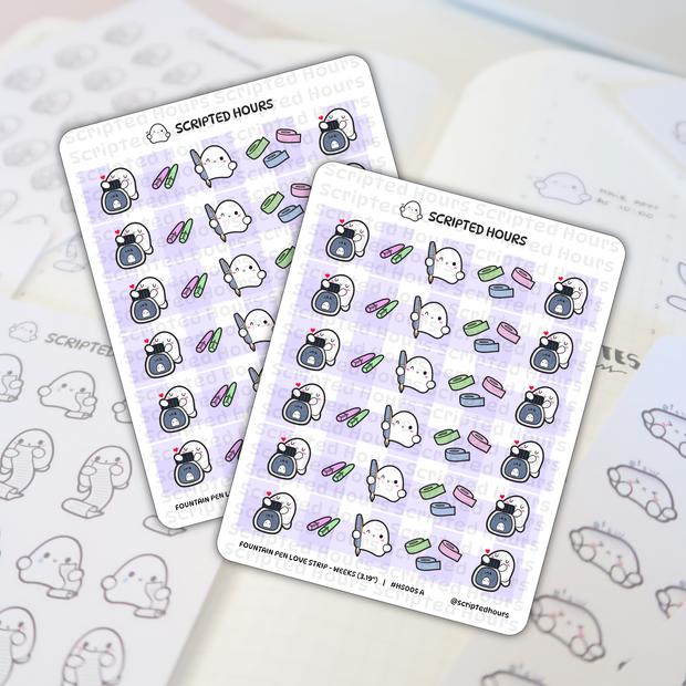 Scripted Hours sticker sheets displaying 'Fountain Pen Love Strip' designs with cute white ghost characters using blue fountain pens, dipping into heart-adorned ink bottles, and surrounded by pastel pink, green, and blue washi tape rolls on a light purple grid, presented on a planner