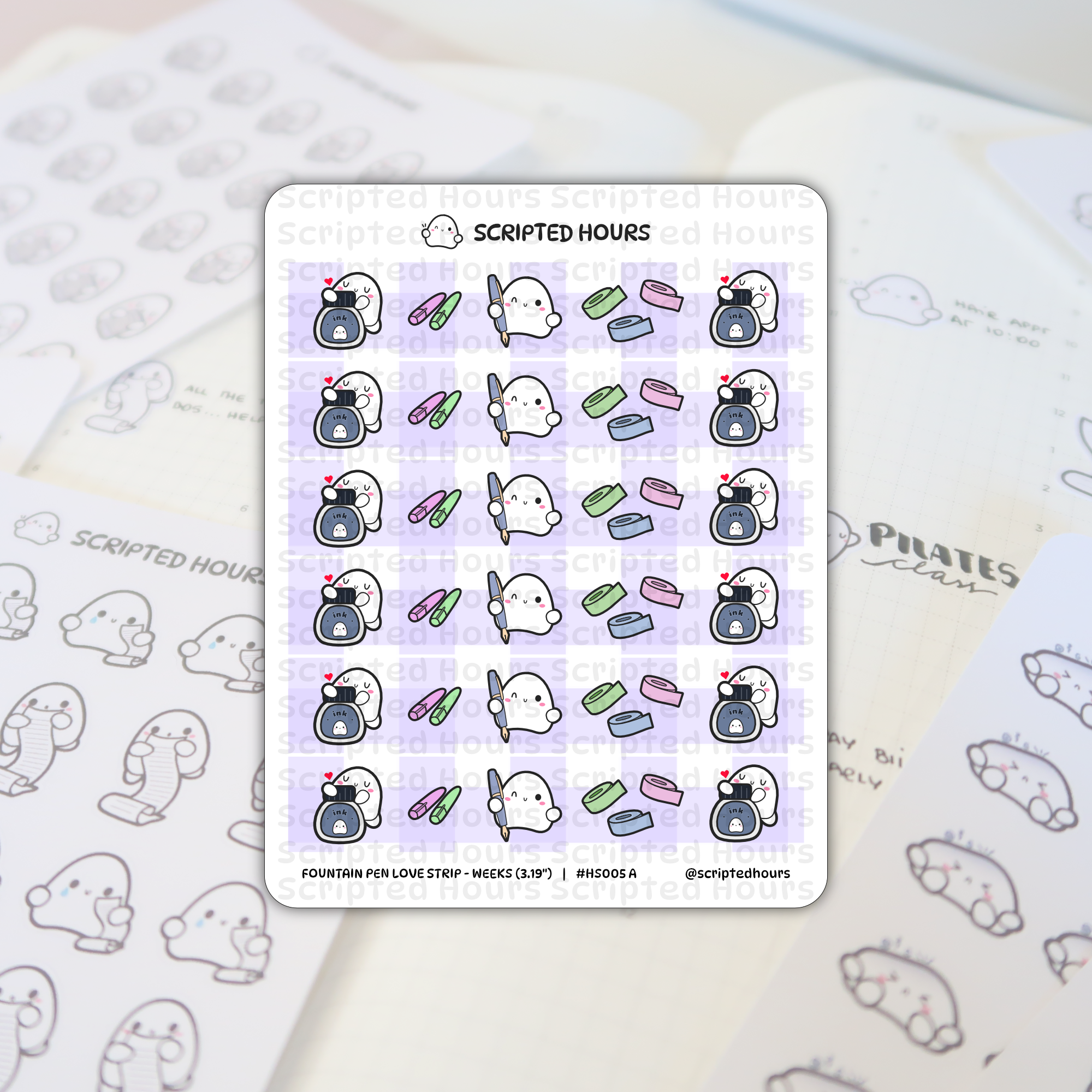 Scripted Hours sticker sheet featuring cute ghost characters and stationery items on a planner background showing ghosts hugging ink bottles with red hearts ghosts holding fountain pens and colorful rolls of pink green and blue washi tape