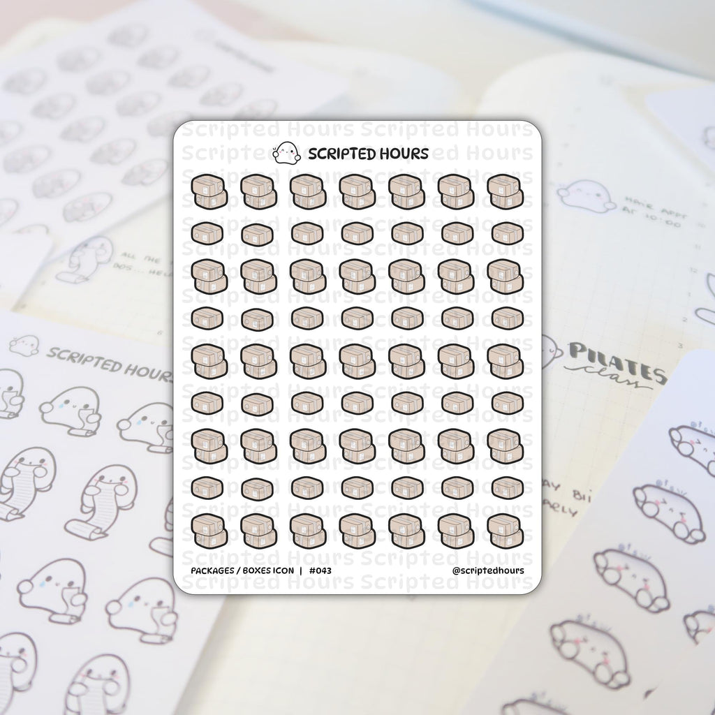 Scripted Hours die-cut sticker sheet featuring beige packages and stacked boxes icons with black outlines resting on an open planner showing blurred ghost-like character stickers and handwritten "Pilates class" entry