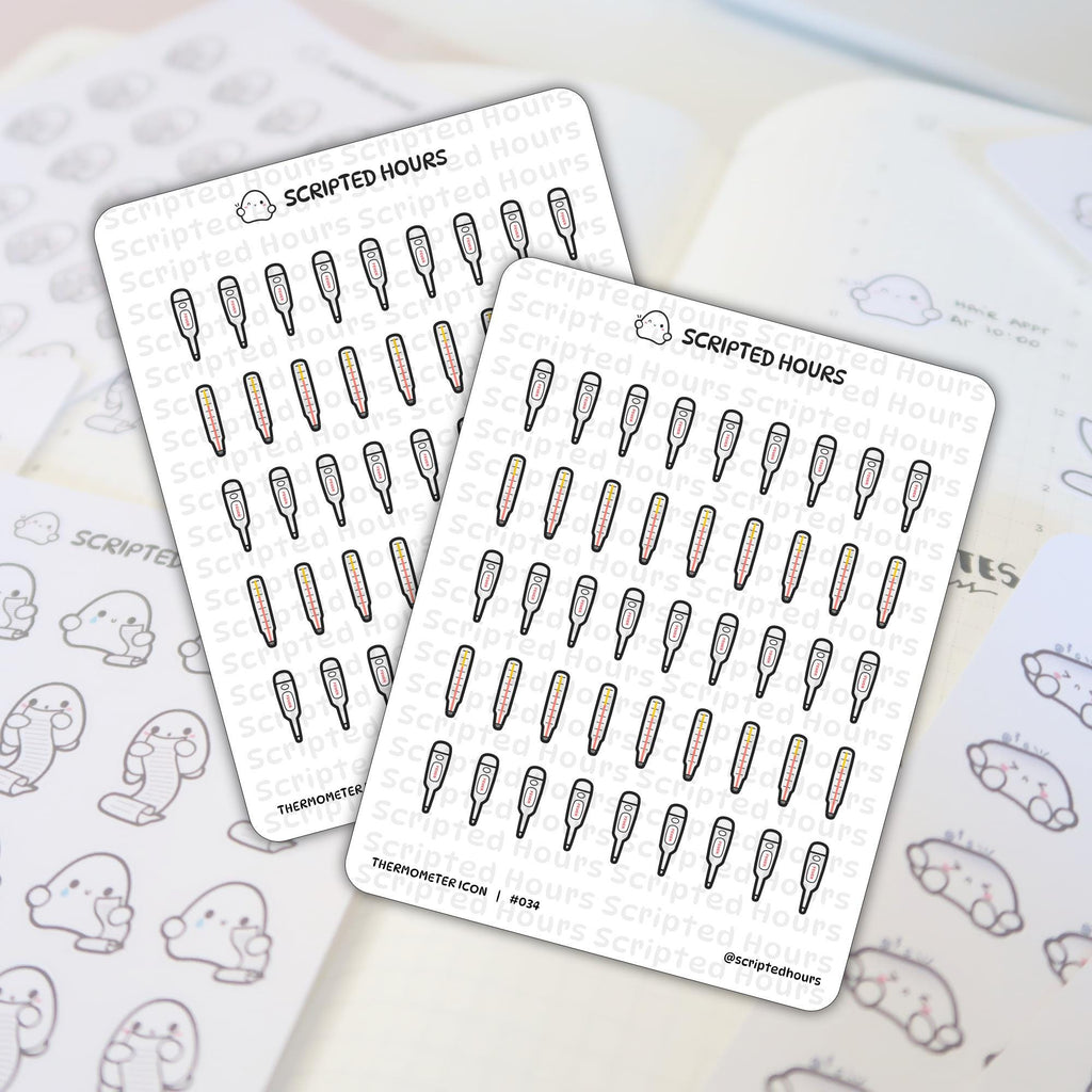Scripted Hours planner stickers featuring multiple sheets of digital thermometers displaying FEVER, classic mercury-style thermometers with red and yellow levels, and cute ghost characters holding long lists, all arranged on a white planner page