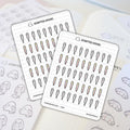 Scripted Hours planner stickers featuring multiple sheets of digital thermometers displaying FEVER, classic mercury-style thermometers with red and yellow levels, and cute ghost characters holding long lists, all arranged on a white planner page