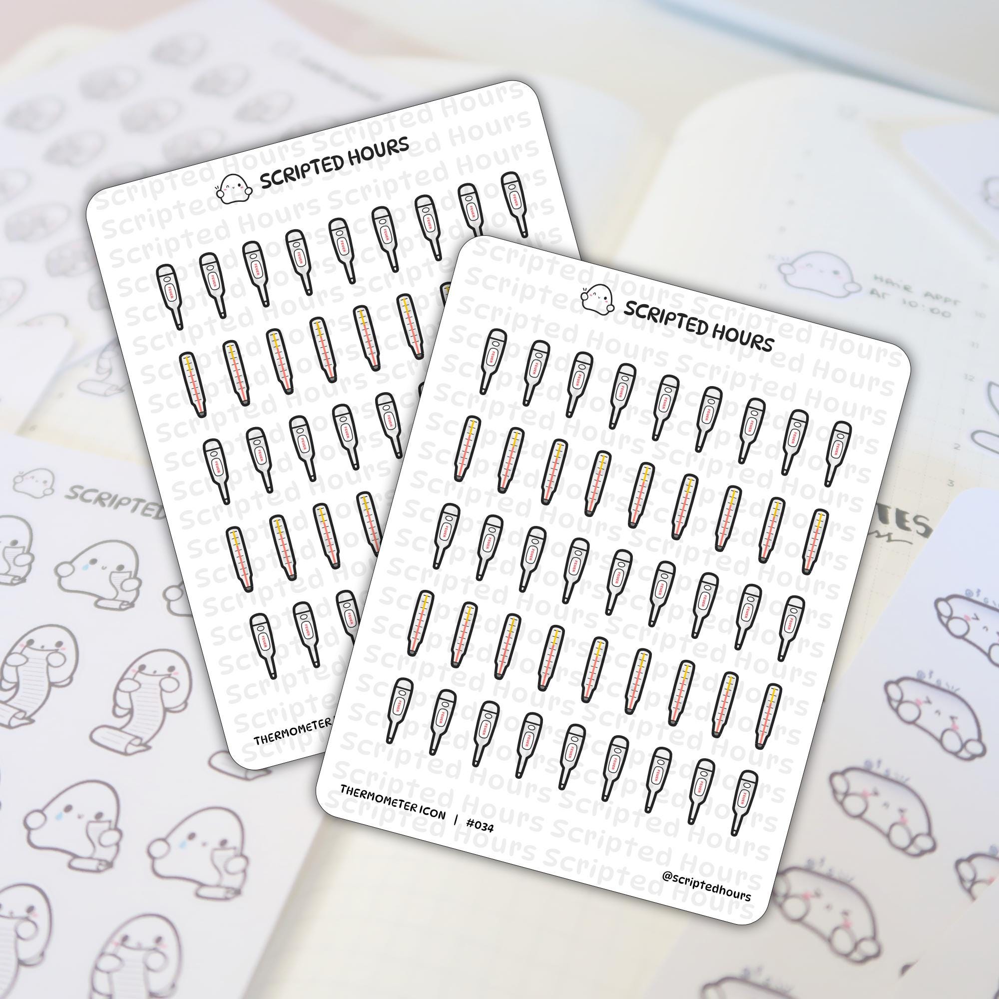 Scripted Hours planner stickers featuring multiple sheets of digital thermometers displaying FEVER, classic mercury-style thermometers with red and yellow levels, and cute ghost characters holding long lists, all arranged on a white planner page
