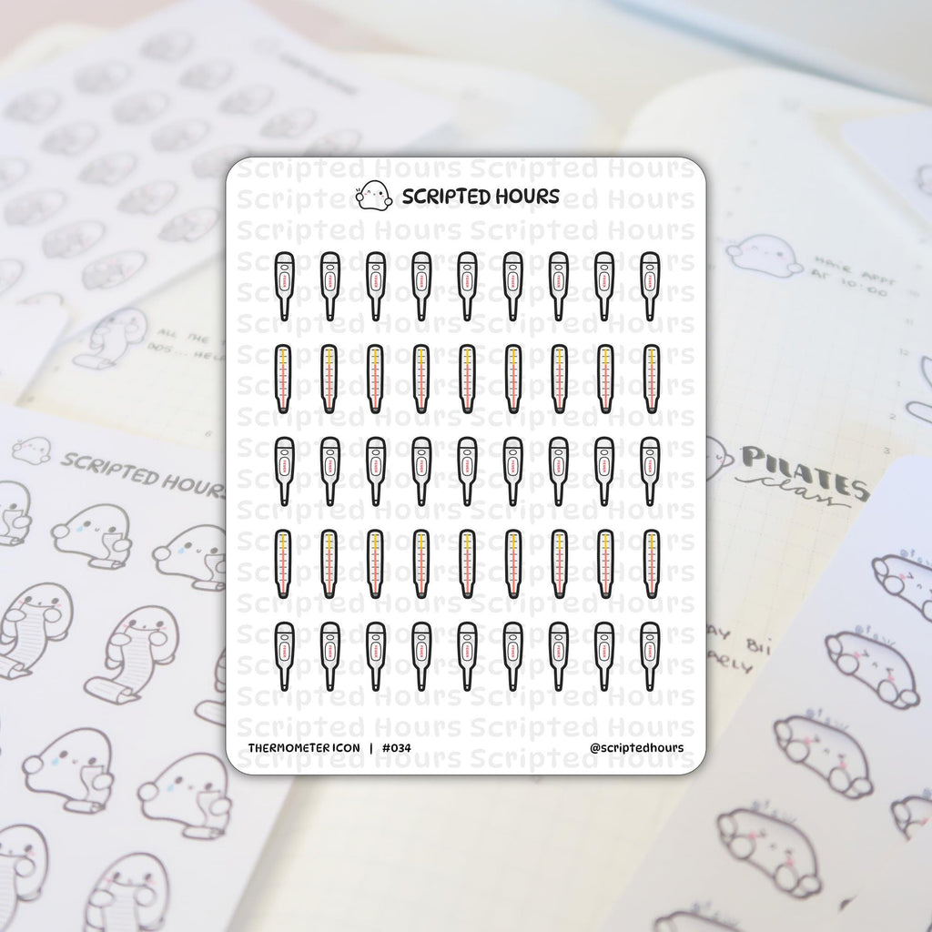 Scripted Hours sticker sheet displaying various thermometer icons including black digital thermometers showing red 'FEVER' and traditional glass thermometers with red and yellow mercury lines arranged on a white planner page with other blurred cute ghost character stickers