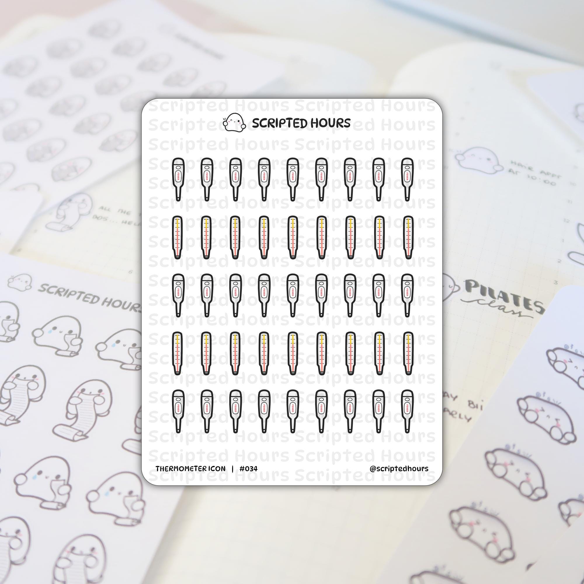Scripted Hours sticker sheet displaying various thermometer icons including black digital thermometers showing red 'FEVER' and traditional glass thermometers with red and yellow mercury lines arranged on a white planner page with other blurred cute ghost character stickers