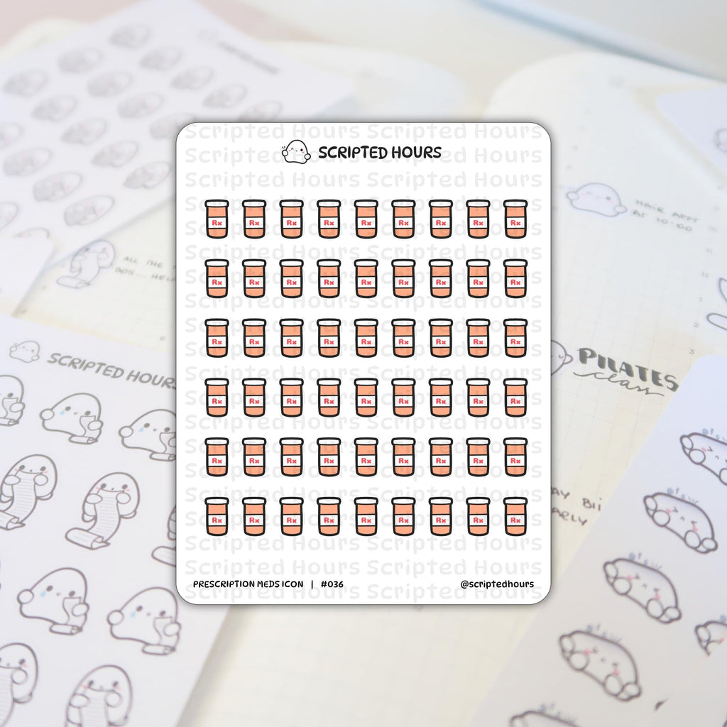 Scripted Hours sticker sheet featuring rows of small peach prescription medicine bottles with black lids and red Rx labels, partially overlaying a planner page with ghost-like figure stickers and "Pilates class" script