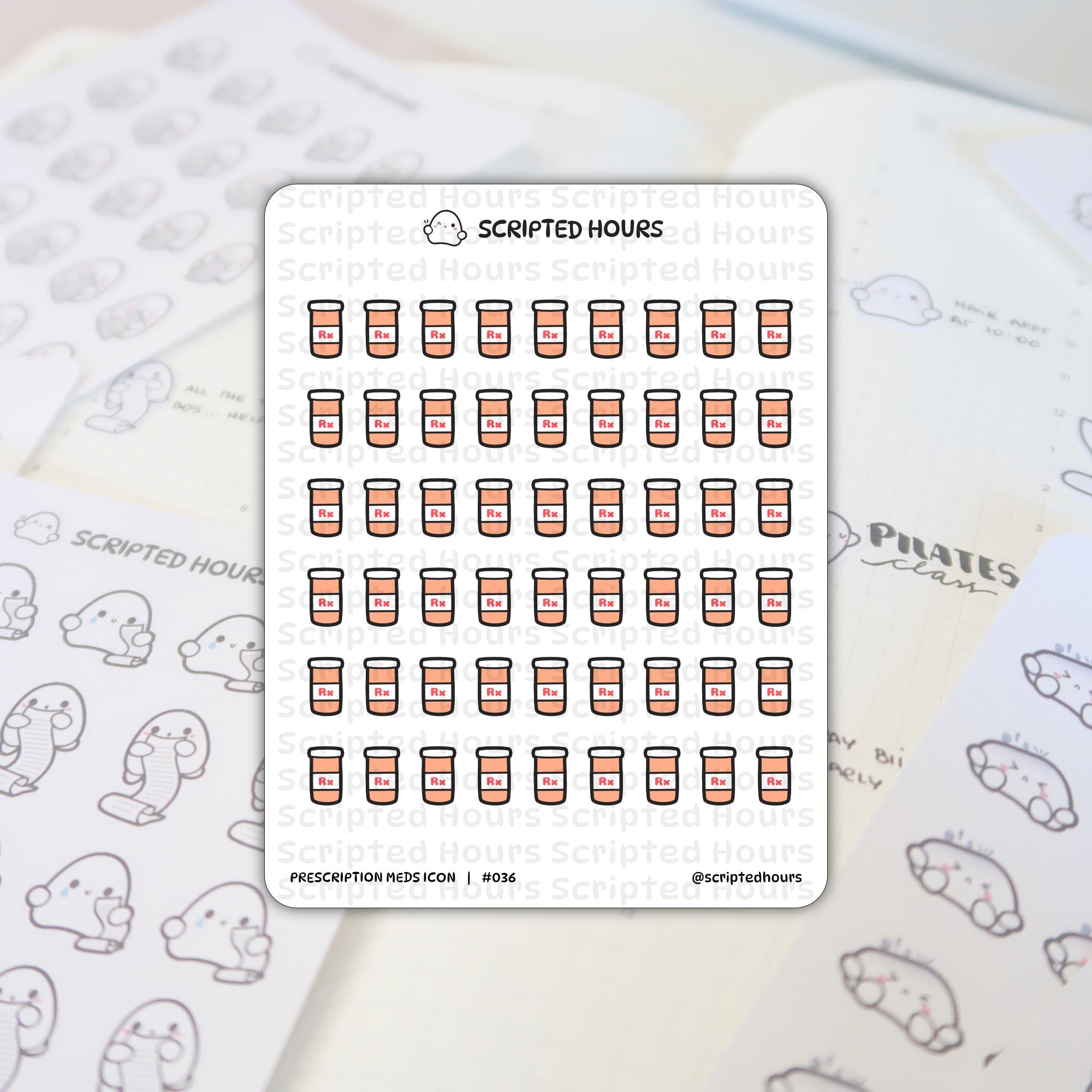 Scripted Hours sticker sheet featuring rows of small peach prescription medicine bottles with black lids and red Rx labels, partially overlaying a planner page with ghost-like figure stickers and "Pilates class" script