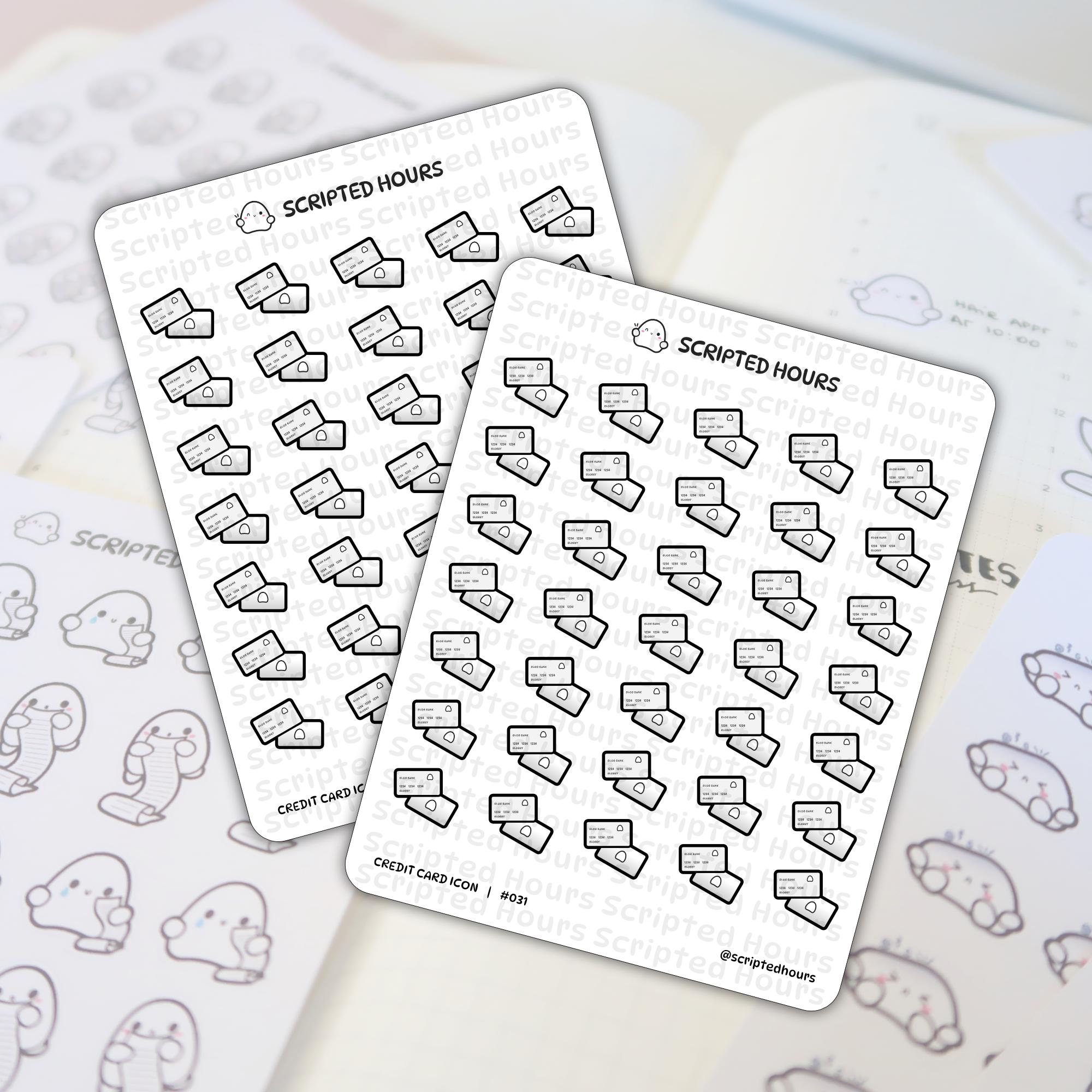 Sticker sheets by Scripted Hours displaying credit card icon stickers in black and white with grey shading, placed on a blurred planner background showing faint grid lines and cute ghost-like figures