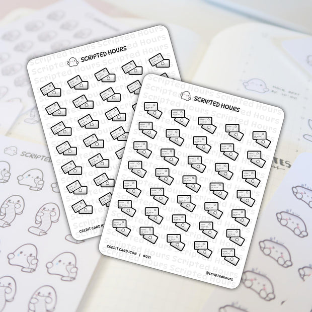 Sticker sheets by Scripted Hours displaying credit card icon stickers in black and white with grey shading, placed on a blurred planner background showing faint grid lines and cute ghost-like figures