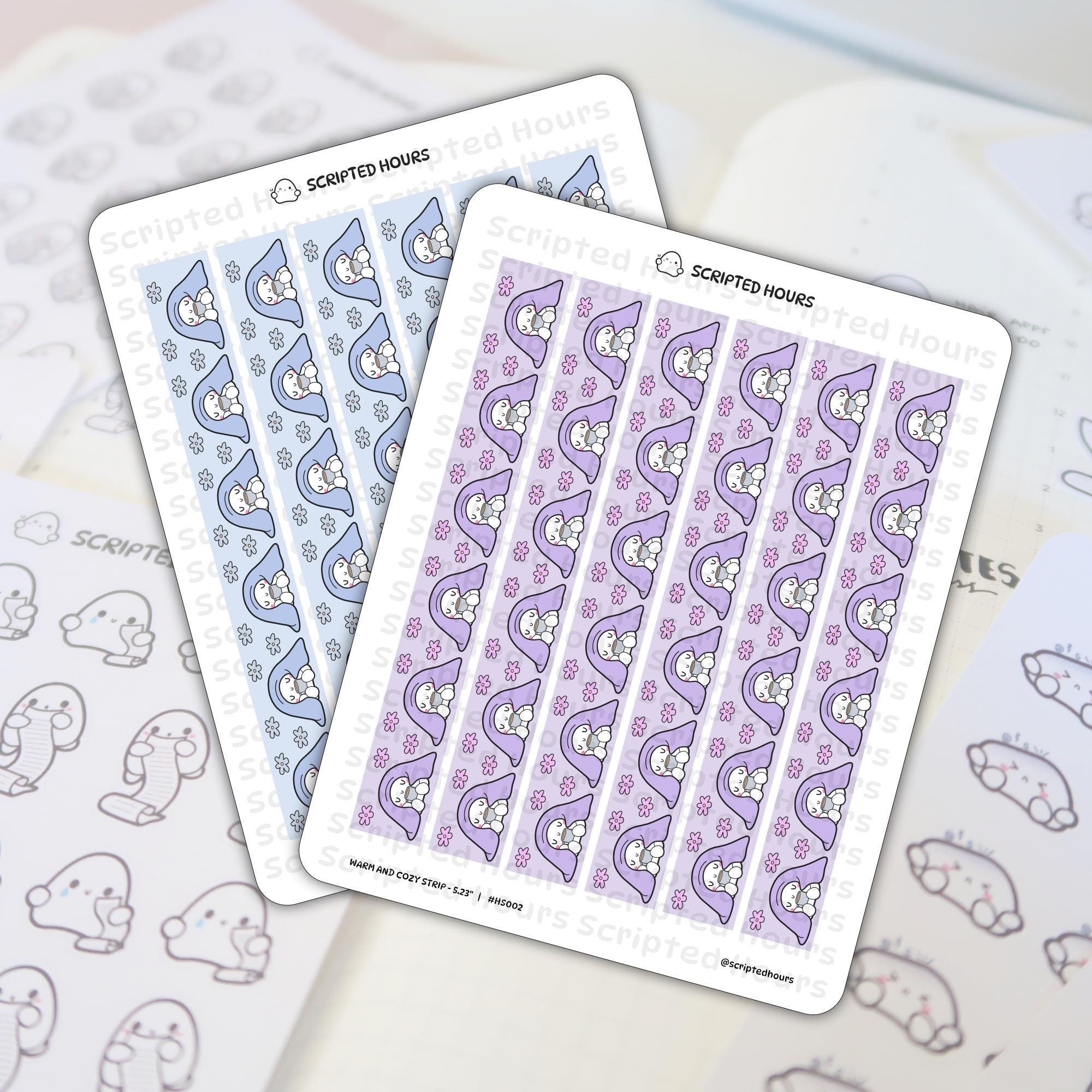 Scripted Hours planner stickers featuring two strips of cute ghost characters bundled in pastel blue and purple blankets, each holding a tiny mug and interspersed with pink outline flowers against a soft white planner background