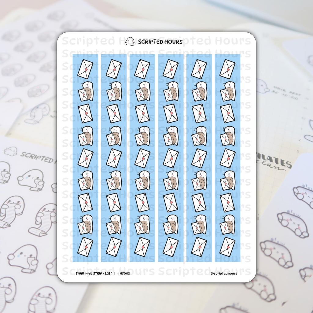 Scripted Hours sticker sheet featuring cute snail mail themed planner stickers in a repeating pattern of white envelopes with pink hearts and brown snails on a light blue striped background, displayed over a blurred background of white pages with "Scripted" branding and outline stickers of ghost-like characters holding scrolls