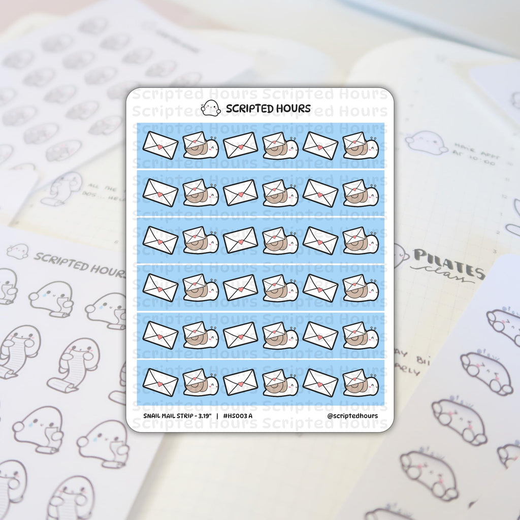 Scripted Hours sticker sheet featuring rows of alternating white envelopes with pink hearts and cute brown snails carrying envelopes on light blue stripes, laid over a blurred planner background showing "PILATES class" text and a second sheet of ghost-like scroll stickers