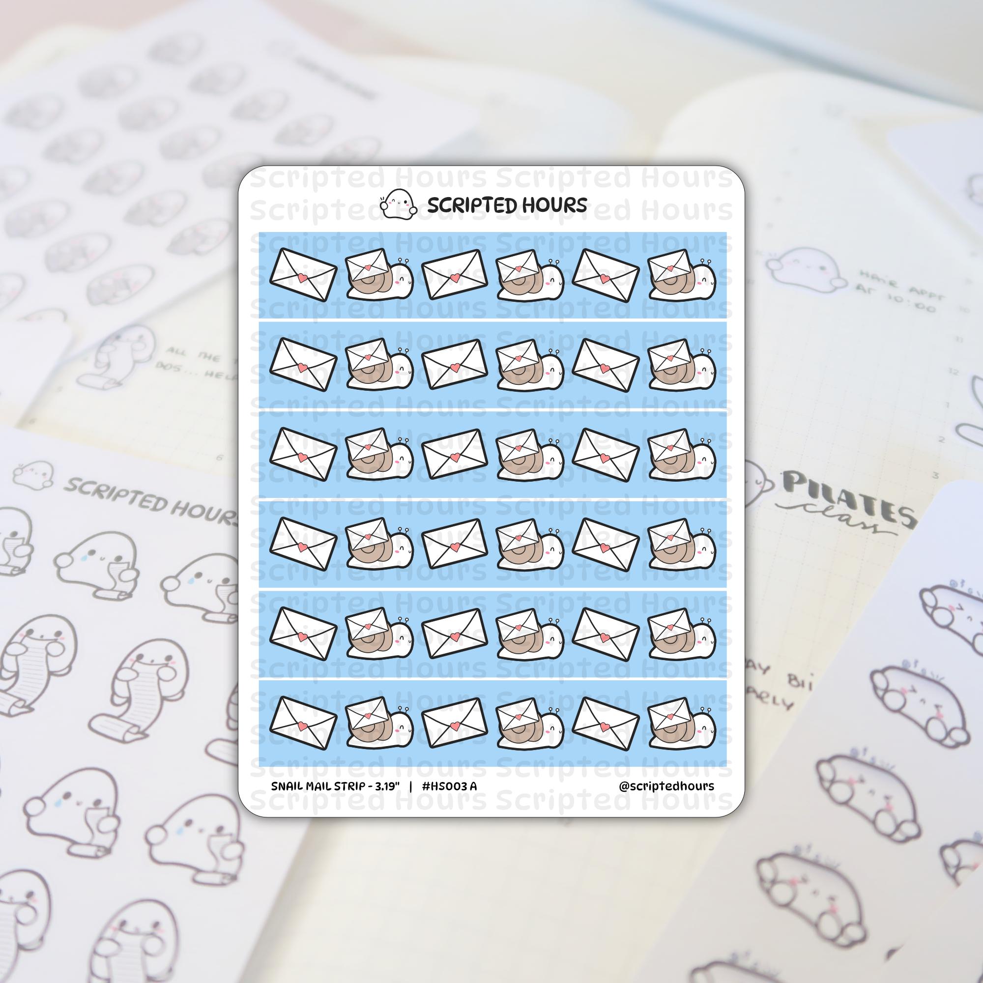Scripted Hours sticker sheet featuring rows of alternating white envelopes with pink hearts and cute brown snails carrying envelopes on light blue stripes, laid over a blurred planner background showing "PILATES class" text and a second sheet of ghost-like scroll stickers