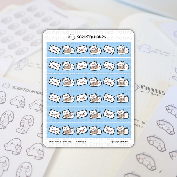 Scripted Hours sticker sheet featuring rows of alternating white envelopes with pink hearts and cute brown snails carrying envelopes on light blue stripes, laid over a blurred planner background showing "PILATES class" text and a second sheet of ghost-like scroll stickers