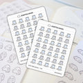 Scripted Hours sticker sheet featuring numerous blue and gray office trash can icons with crumpled white paper for planner use, complete with the Scripted Hours ghost logo and partially visible ghost character stickers