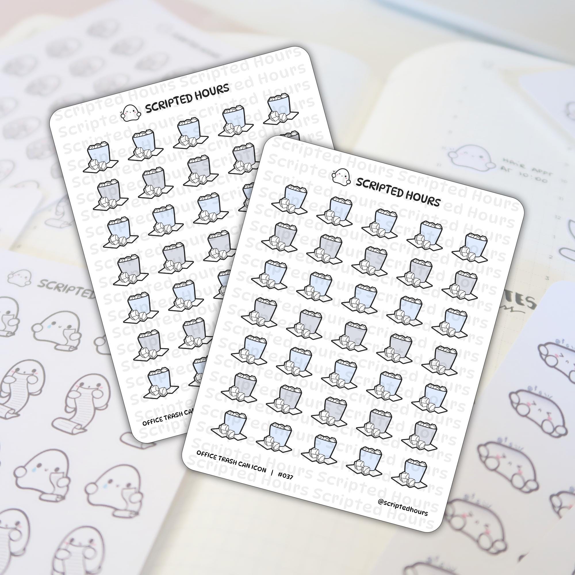 Scripted Hours sticker sheet featuring numerous blue and gray office trash can icons with crumpled white paper for planner use, complete with the Scripted Hours ghost logo and partially visible ghost character stickers