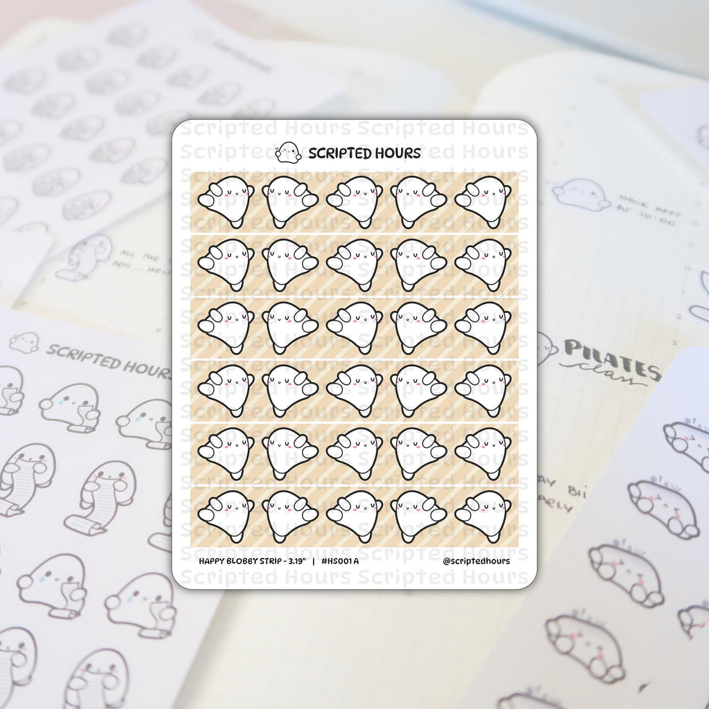 Scripted Hours die-cut vinyl sticker sheet on a planner featuring cute white blob characters with pink cheeks and minimal black facial features, some holding small scrolls, on a light brown diagonally striped background, with 'Pilates class' written on the planner page
