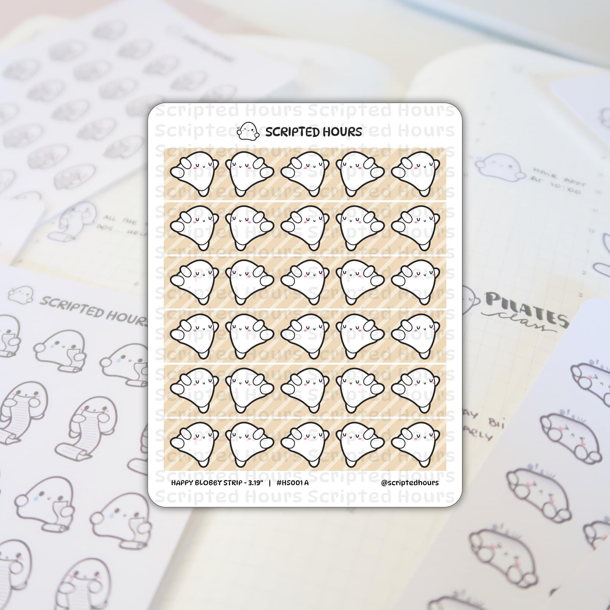 Scripted Hours die-cut vinyl sticker sheet on a planner featuring cute white blob characters with pink cheeks and minimal black facial features, some holding small scrolls, on a light brown diagonally striped background, with 'Pilates class' written on the planner page