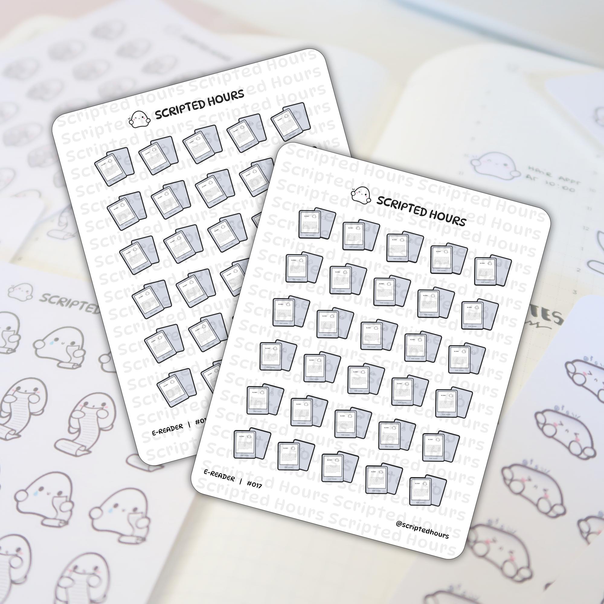 Scripted Hours sticker sheets featuring two planner sticker sets, one with grey e-reader devices and the other with cute white ghost characters holding scrolls, resting on a light-colored planner