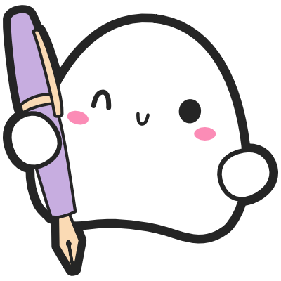 Cartoon ghost holding a purple pen with a happy expression on a white background