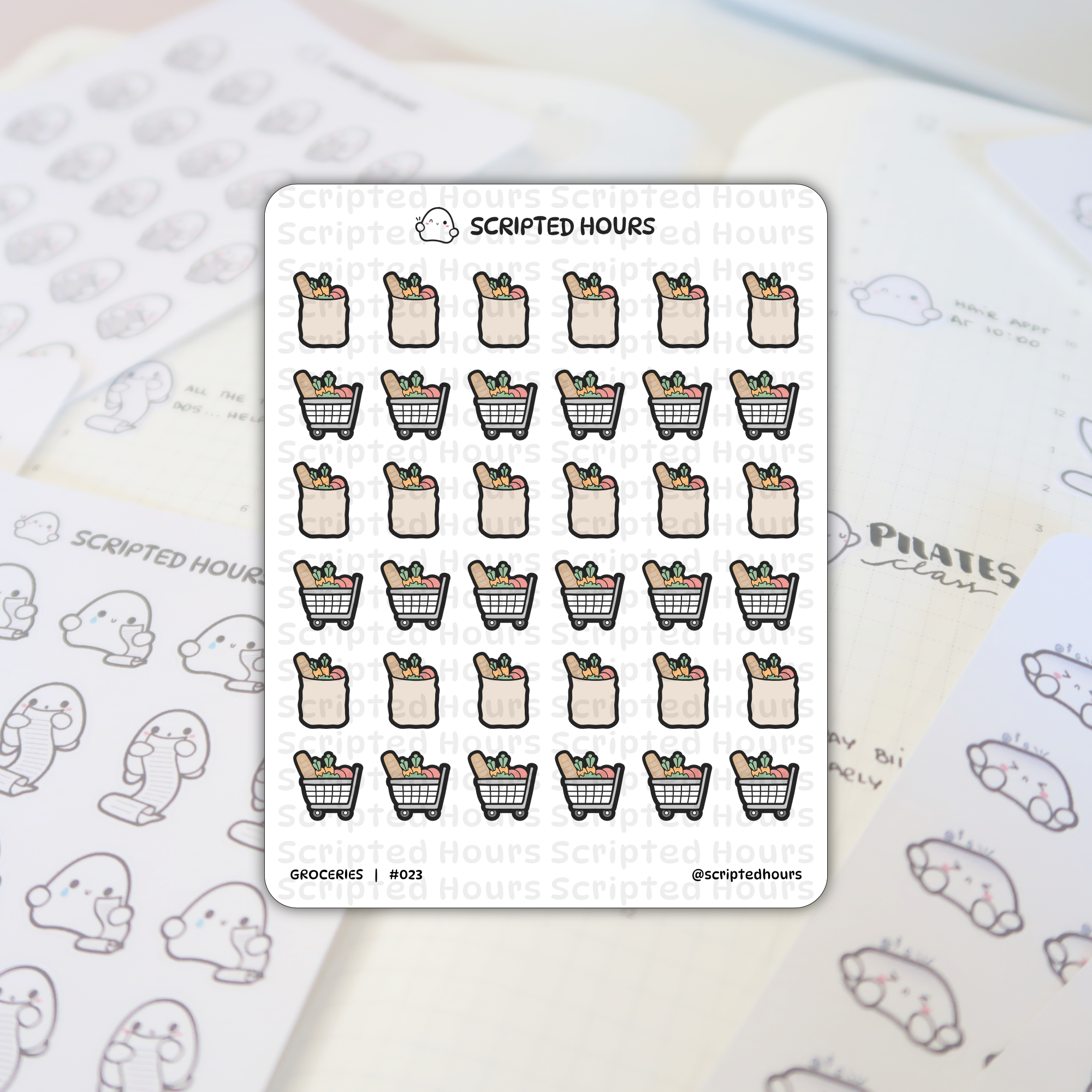 Scripted Hours sticker sheet featuring organized rows of brown paper grocery bags and grey shopping carts overflowing with colorful vegetables and baguettes, placed on a planner page showing faint ghost character doodles and "PILATES class" text