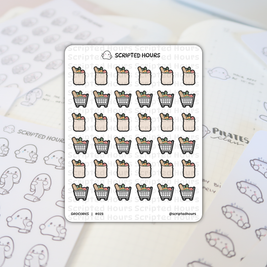 Scripted Hours sticker sheet featuring organized rows of brown paper grocery bags and grey shopping carts overflowing with colorful vegetables and baguettes, placed on a planner page showing faint ghost character doodles and 