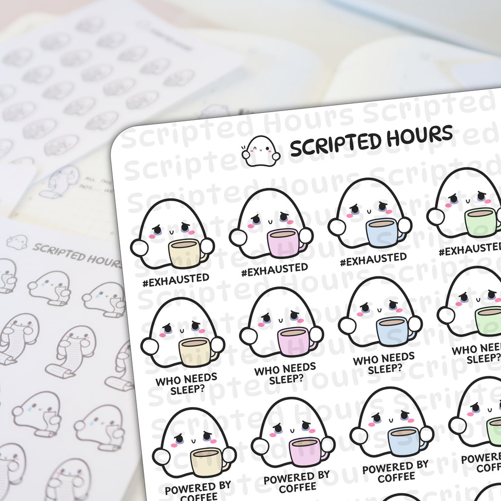 Scripted Hours vinyl stickers featuring kawaii ghost characters holding pastel mugs with text like #EXHAUSTED and POWERED BY COFFEE on a white background