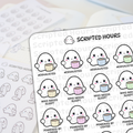 Scripted Hours vinyl stickers featuring kawaii ghost characters holding pastel mugs with text like #EXHAUSTED and POWERED BY COFFEE on a white background