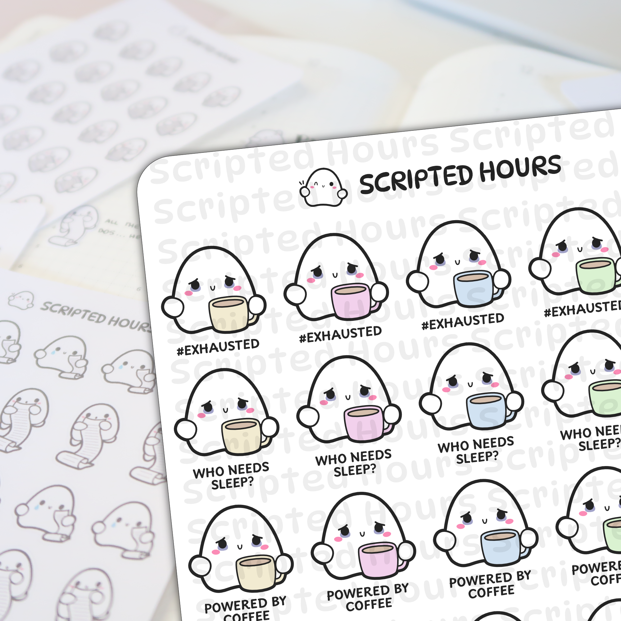 Scripted Hours vinyl stickers featuring kawaii ghost characters holding pastel mugs with text like #EXHAUSTED and POWERED BY COFFEE on a white background