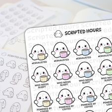 Scripted Hours vinyl stickers featuring kawaii ghost characters holding pastel mugs with text like #EXHAUSTED and POWERED BY COFFEE on a white background