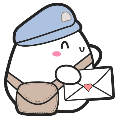 Cartoon character with a blue cap, brown bag, and holding an envelope with a heart on a white background